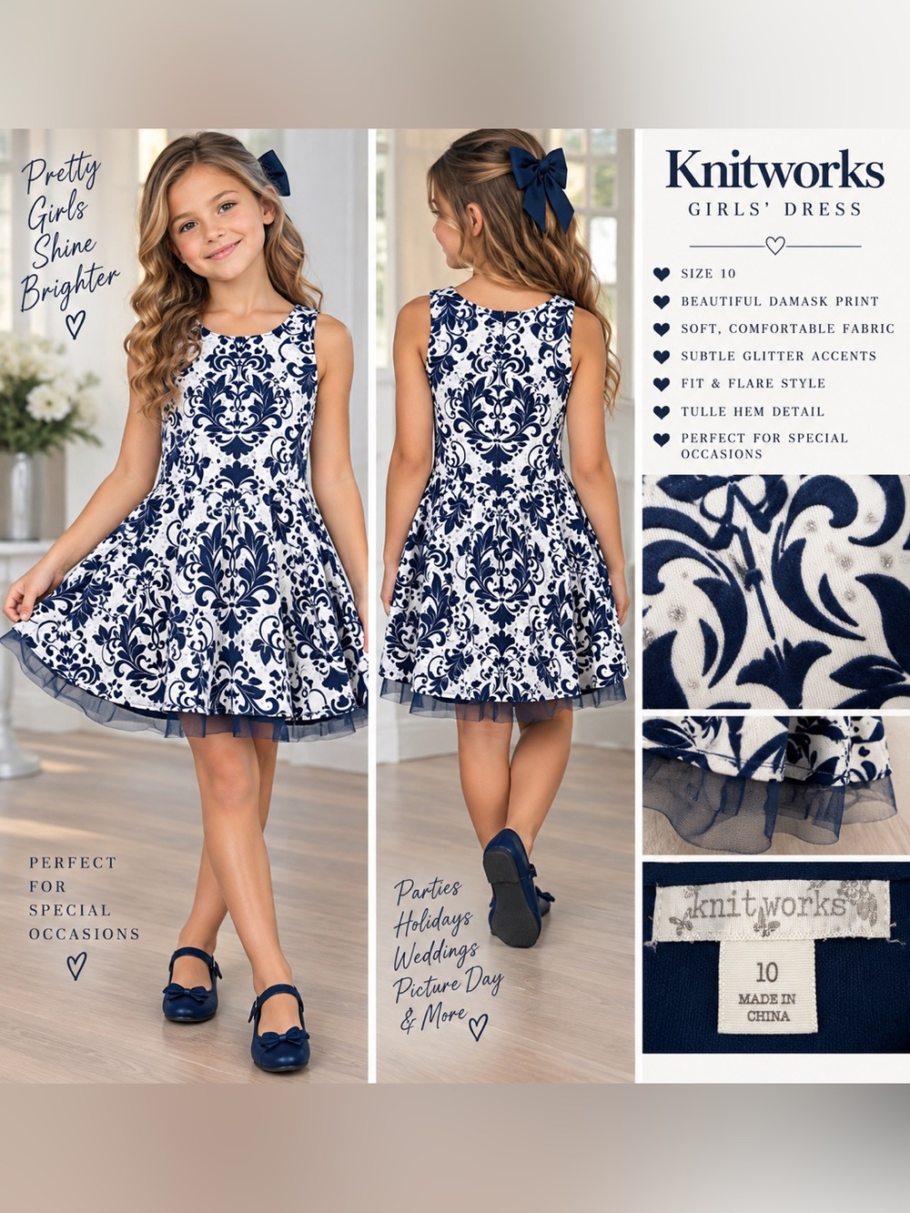 Knitworks Girls Size 10 Navy White Damask Fit & Flare Party Dress